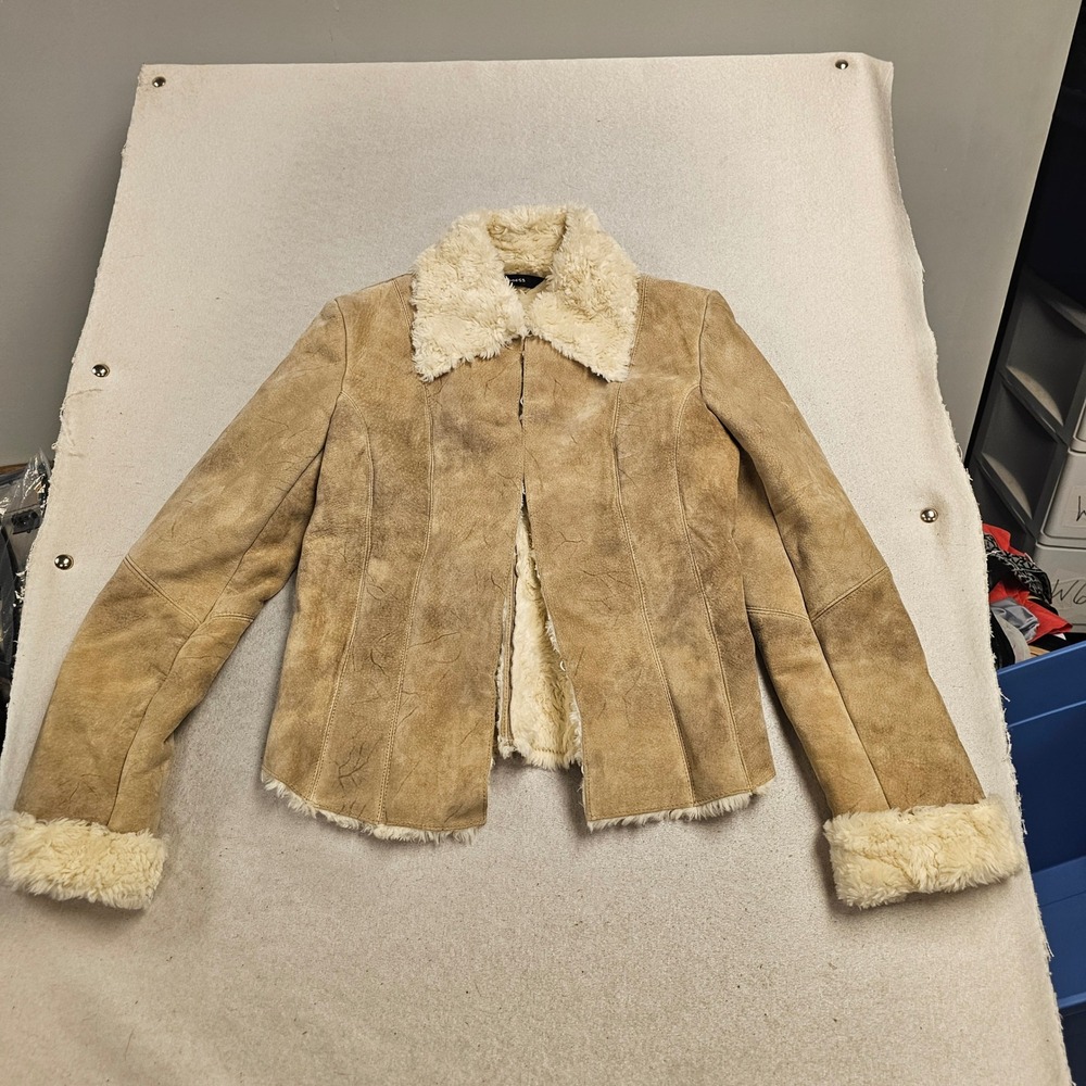 Express Tan Suede Faux Fur Lined Jacket Vintage Style Boho Coat Size 11/12